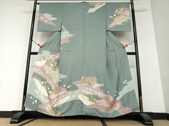 平和屋着物●訪問着　駒刺繍　絞り　草花文　暈し染め　金彩　正絹　逸品　AAAY6676zg