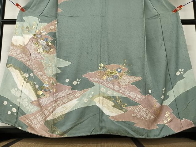 平和屋着物●訪問着　駒刺繍　絞り　草花文　暈し染め　金彩　正絹　逸品　AAAY6676zg