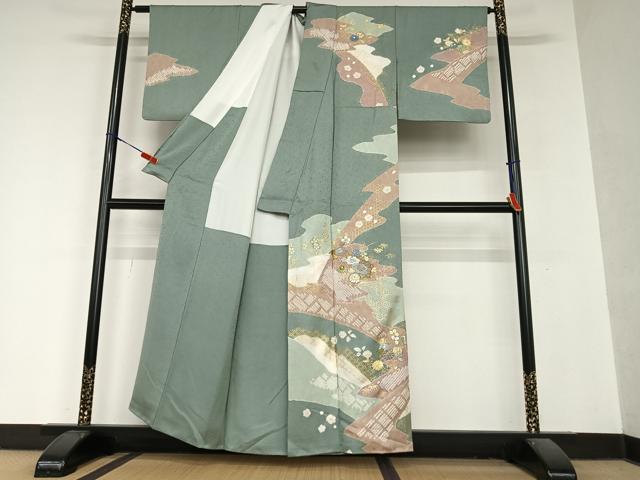 平和屋着物●訪問着　駒刺繍　絞り　草花文　暈し染め　金彩　正絹　逸品　AAAY6676zg