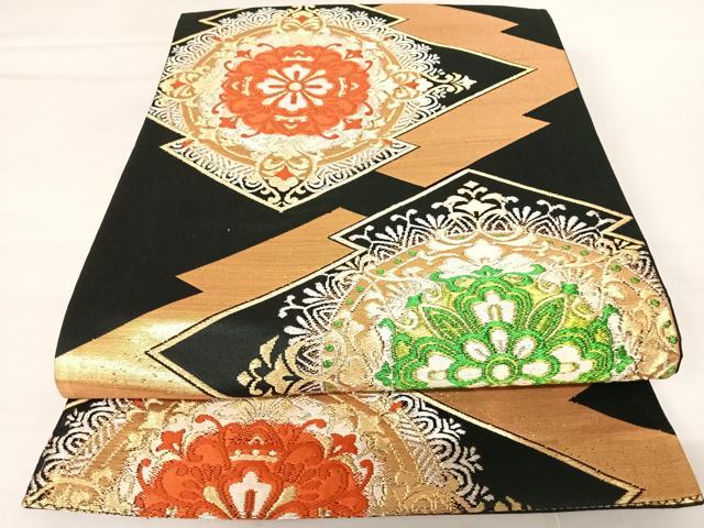平和屋着物◎六通柄袋帯　松皮菱花文　黒地　金銀糸　正絹　逸品　AABB2727yx