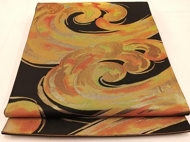乐天商城 - 平和屋着物◎六通柄袋帯　立波文　黒地　金糸　正絹　逸品　BAAW0318hj