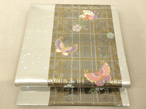 平和屋着物◎六通柄袋帯 唐織 花蝶格子文 金銀糸 引箔 正絹 逸品 AAAM7709fw 平和屋着物◎六通柄袋帯 唐織 花蝶格子文 金銀糸 引箔 正絹 逸品 AAAM7709fw