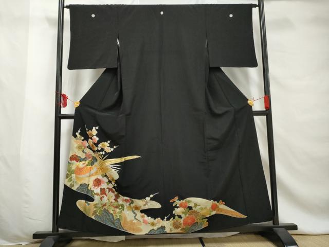 平和屋着物■豪華黒留袖　刺繍　花鳥文　金銀糸　金彩　正絹　逸品　AABD4918gw