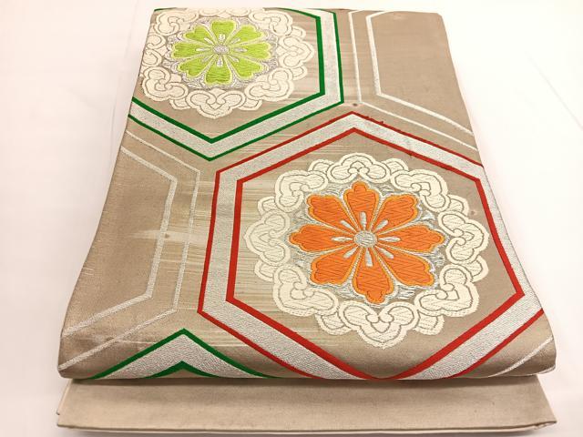 平和屋着物◎六通柄袋帯 唐織 亀甲花文 銀糸 正絹 逸品 BAAV9705hv