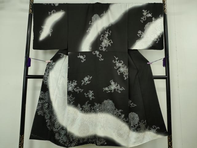 Full-Length Under-Kimono - 平和屋本店●希少　男性　訪問着　キングサイズ　胴抜き仕立て　駒刺繍　花唐草文　暈し染め　黒地　銀彩　逸品　未使用　DZAB6165kh6