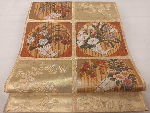 平和屋着物◎太鼓柄袋帯 手描き 天井花文 金糸 正絹 逸品 AAAZ6421mw