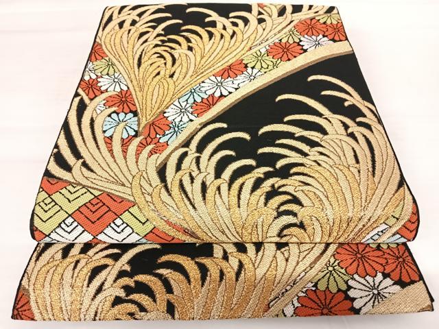 衣带 - 平和屋着物◎六通柄袋帯 裏菊 黒地 金糸 正絹 逸品 AABB2745yx