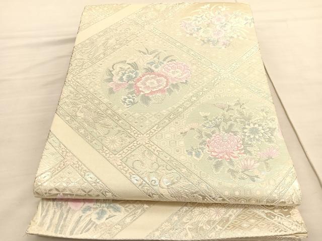 Rakuten - 平和屋着物◎六通柄袋帯 唐織 菱天井花丸文 銀糸 正絹 逸品 BAAV3255hv