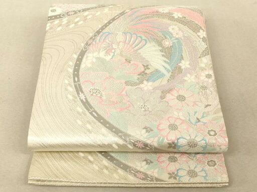 平和屋着物◎六通柄袋帯 鳳凰舞花丸文 銀糸 正絹 逸品 AAAM7729fw 平和屋着物◎六通柄袋帯 鳳凰舞花丸文 銀糸 正絹 逸品 AAAM7729fw
