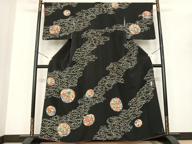 平和屋着物●江戸紅型 五味桂子 訪問着 花丸文 黒地 やまと誂製 正絹 逸品 AABF0505fy