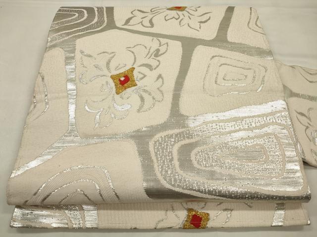 平和屋着物◎アンティーク　大正ロマン　九寸名古屋帯　抽象花文　金銀糸　正絹　逸品　CAAW9596qe