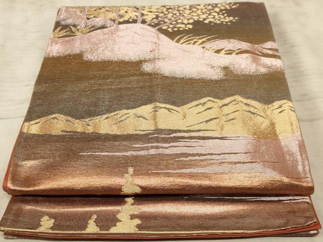 平和屋着物◎六通柄袋帯　風景文　金糸　正絹　逸品　AAAZ0753dt