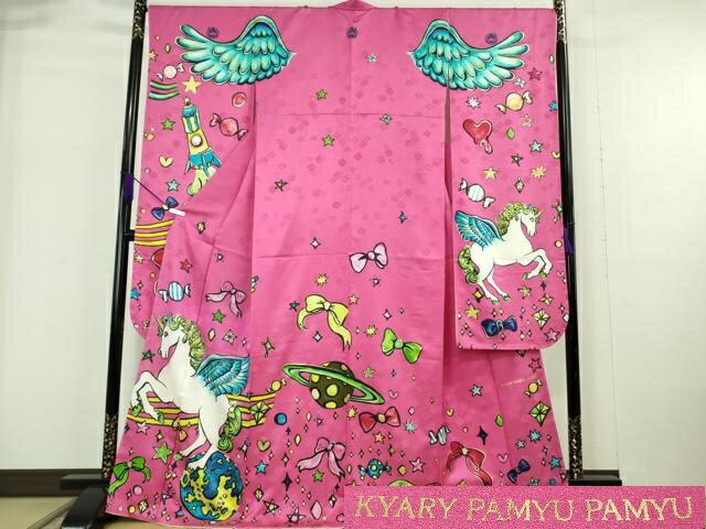 平和屋本店●希少 きゃりーぱみゅぱみゅ 振袖 刺繍 ユニコーン 宇宙 リボン 金彩 薔薇色地 金彩 反端付き 逸品 未使用 DZAB6178kh6