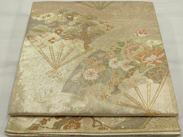 平和屋着物◎佐賀錦　両面　六通柄袋帯　九百錦　扇面花松文　金糸　正絹　逸品　DAAT2870qa