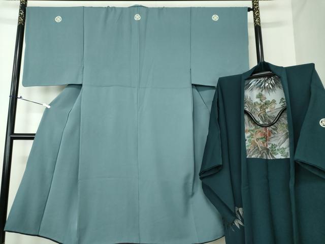 平和屋着物●男性　色紋付　羽織セット　着物・御召御納戸色　羽織・百入茶色　正絹　逸品　DAAV6860ps