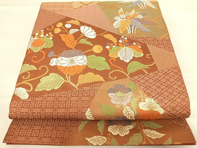 平和屋着物◎全通柄　本袋帯　草花文　金糸　正絹　逸品　AABD5612yx