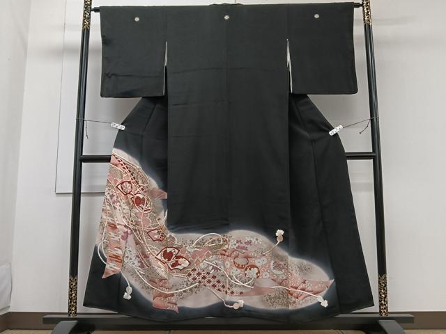 平和屋着物■豪華黒留袖　駒刺繍　地紙吉祥花文　暈し染め　金銀彩　正絹　逸品　CABA5376xi