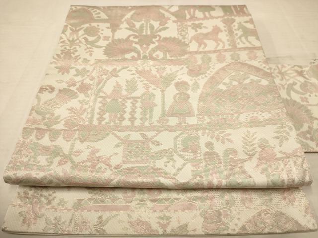 平和屋着物◎九寸名古屋帯 更紗人物風景文 金糸 正絹 逸品 AABA0670dt