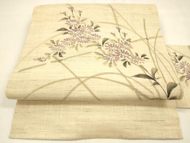 平和屋着物＊夏物　九寸名古屋帯　作家物　手描き　草花文　麻　逸品　DABA0908cm
