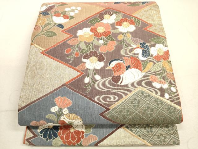 平和屋着物◎六通柄袋帯　唐織　鴛鴦花文　金糸　正絹　逸品　DABB8237xg