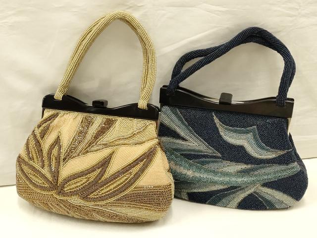 平和屋着物▼和装小物　和装バッグ2点　ハンドバッグ　ビーズバッグ　幾何学模様　逸品　AAAY6061ay