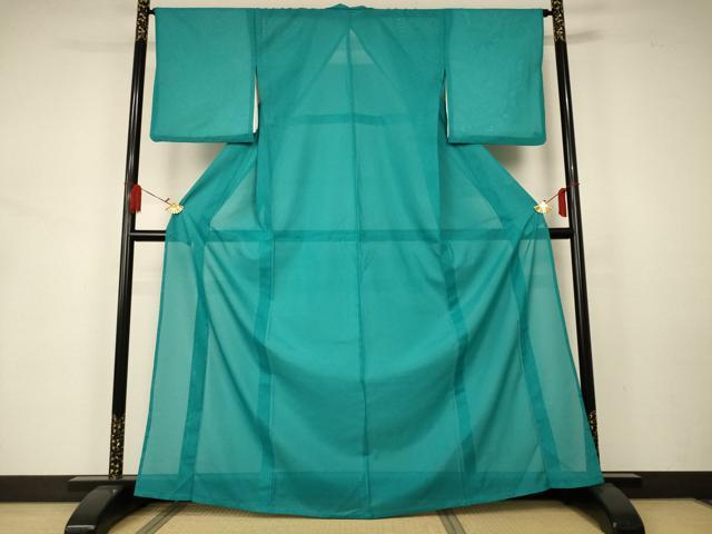 Summer Wear - 平和屋着物＊夏物　色無地　絽　青緑色　洗える着物　AAAZ8571jd