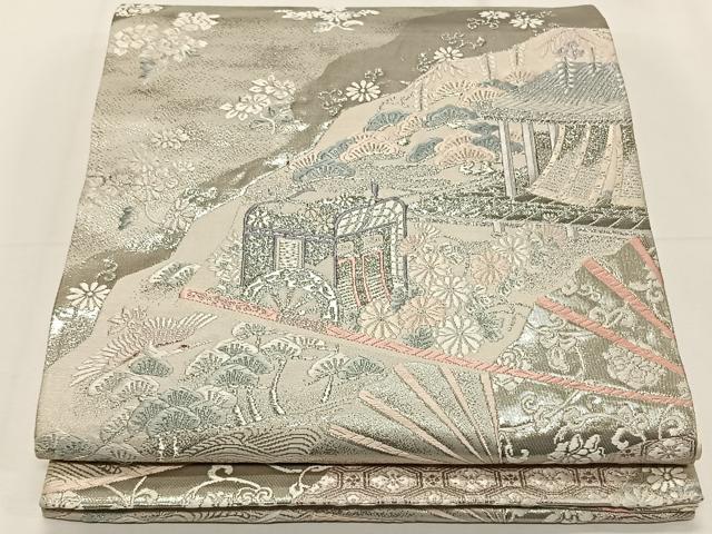 平和屋着物◎六通柄袋帯　扇面風景文　銀糸　正絹　逸品　CAAY0987qv
