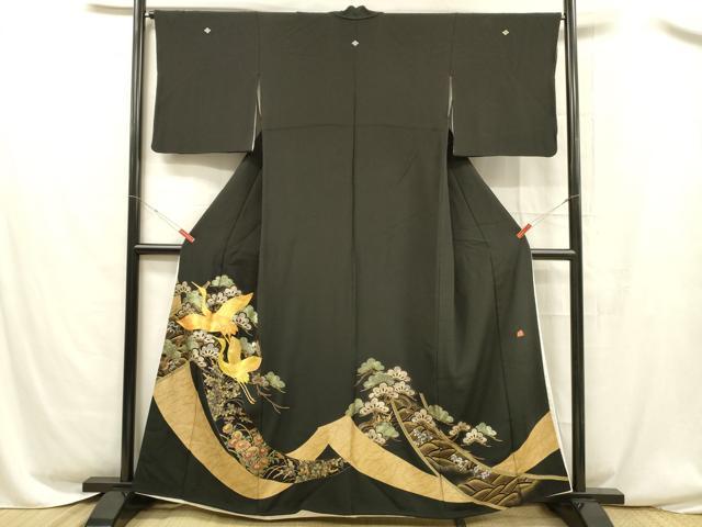 平和屋着物■豪華黒留袖　作家物　駒刺繍　飛鶴松文　金銀彩　正絹　逸品　DABC8471cm