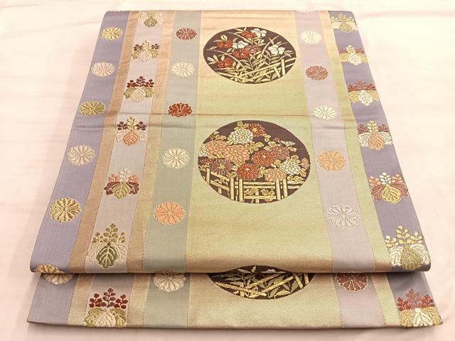 平和屋着物◎六通柄袋帯　唐織　草花間道　金糸　正絹　逸品　BAAO0396du