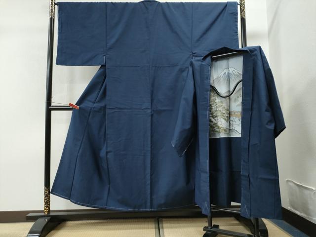 平和屋着物●男性 紬 アンサンブル 色無地 留紺色 正絹 逸品 未使用 CAAS7516yc