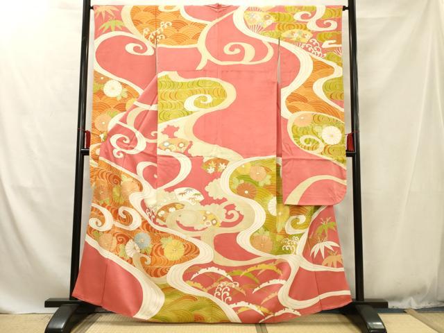 平和屋着物■豪華振袖　駒刺繍　流水花文　金彩　正絹　逸品　AABE7830ma