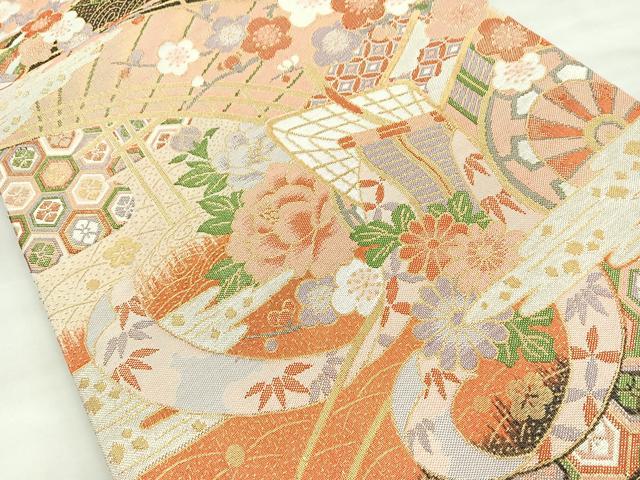 平和屋着物◎佐賀錦　六通柄袋帯　御所車花文　金糸　正絹　逸品　BAAM3401cm
