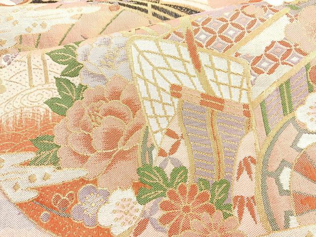 平和屋着物◎佐賀錦　六通柄袋帯　御所車花文　金糸　正絹　逸品　BAAM3401cm