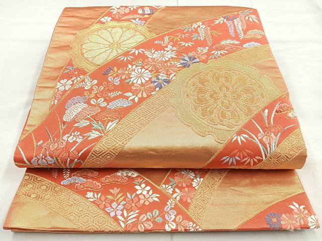 平和屋着物◎六通柄袋帯 唐織 清海小袖文様 金糸 正絹 逸品 BAAM6521cm