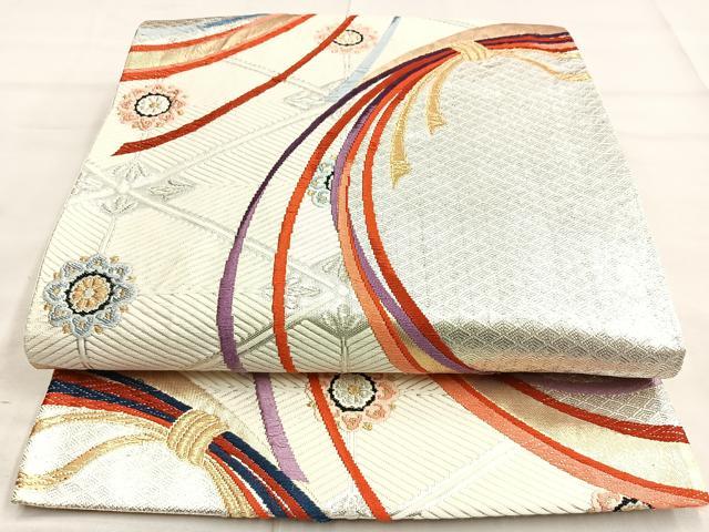 平和屋着物◎六通柄袋帯　唐織　束ね熨斗花文　金銀糸　正絹　逸品　BAAM6542cm