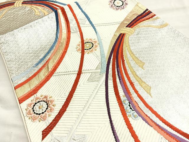 平和屋着物◎六通柄袋帯　唐織　束ね熨斗花文　金銀糸　正絹　逸品　BAAM6542cm