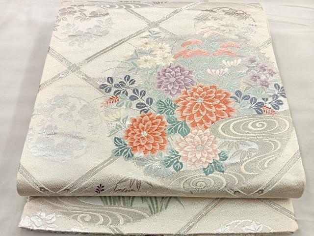 平和屋着物◎六通柄袋帯　唐織　菱天井花鳥文　銀糸　正絹　逸品　BAAO4221ea