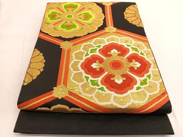 平和屋着物◎六通柄袋帯　唐織　亀甲花文　黒地　金糸　正絹　逸品　BAAV9822hv