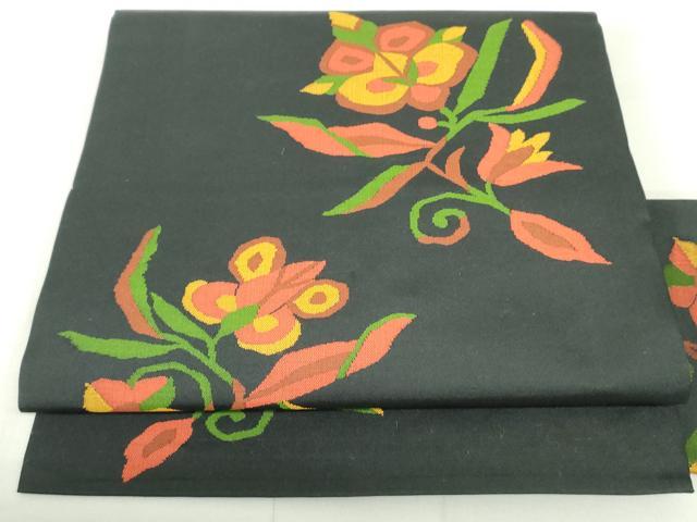 乐天商城 - 平和屋着物●九寸名古屋帯　更紗花文　黒地　正絹　逸品　DAAU6882ob