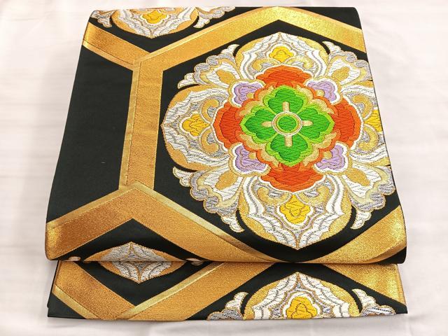 平和屋着物◎六通柄袋帯　唐織　亀甲正倉院花文　黒地　金銀糸　正絹　逸品　BAAK1005du