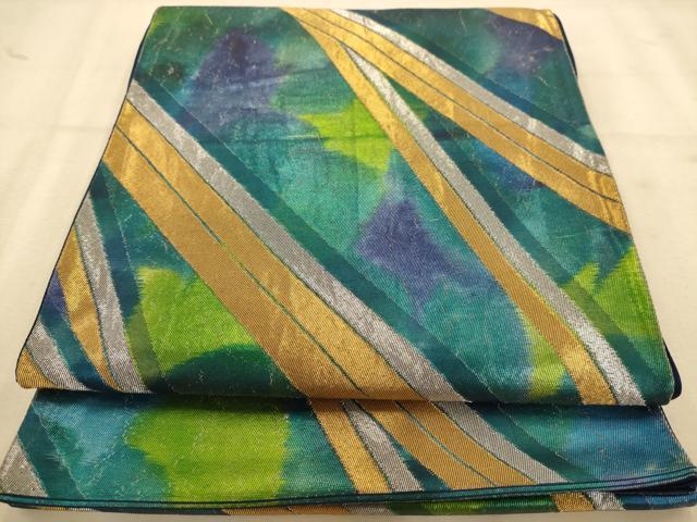 平和屋着物◎六通柄袋帯　斜縞　金銀糸　引箔　正絹　逸品　AABA7278dt