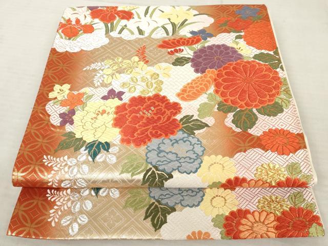 平和屋着物◎六通柄袋帯　唐織　雲取り花文　金銀糸　正絹　逸品　AAAW3532sg