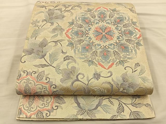 平和屋着物◎六通柄袋帯　唐織　更紗花文　銀糸　正絹　逸品　BAAT5833xa