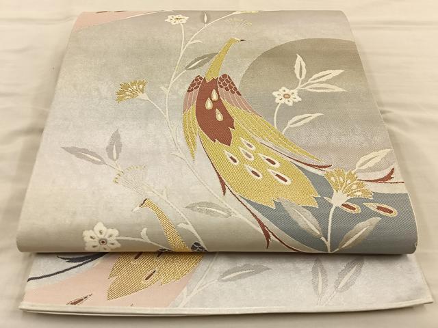平和屋着物◎六通柄袋帯　孔雀花文　金糸　正絹　逸品　BAAT5855xa