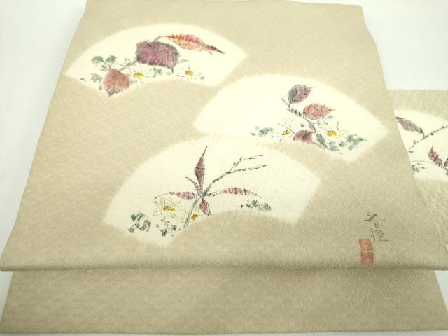 平和屋着物●九寸名古屋帯　作家物　絞り　手描き　地紙花文　正絹　逸品　DABD1329ps