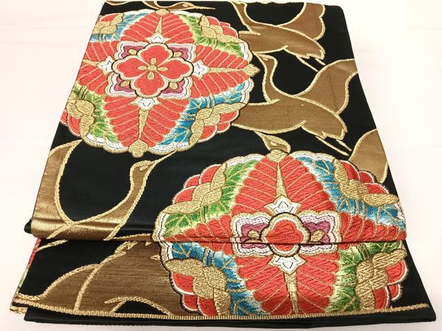 平和屋着物◎六通柄袋帯　唐織　飛鶴花文　黒地　金糸　AABA1971yx