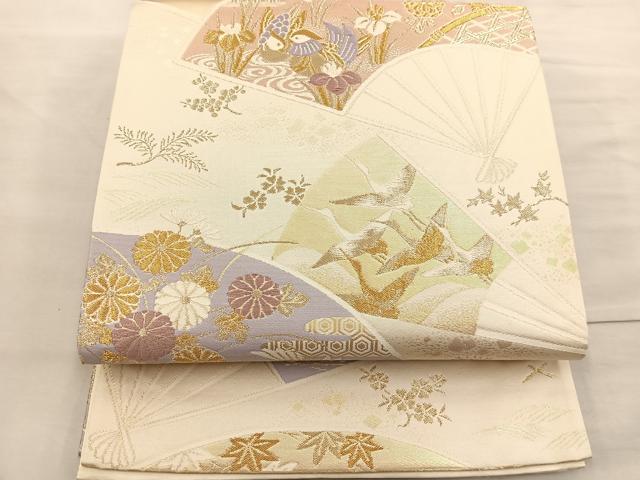 Rakuten - 平和屋着物◎六通柄袋帯　唐織　扇面花鳥文　金糸　正絹　逸品　BAAR4963ct