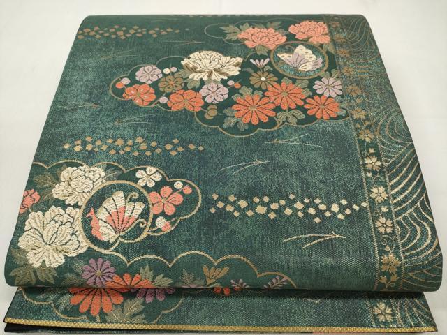 平和屋着物◎六通柄袋帯　雲取り舞蝶丸花文　金糸　正絹　逸品　CABD1683ha