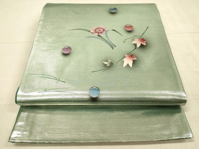 平和屋着物◎太鼓柄袋帯　手描き　草花文　水玉　金彩　引箔　正絹　逸品　DAAX0973jm