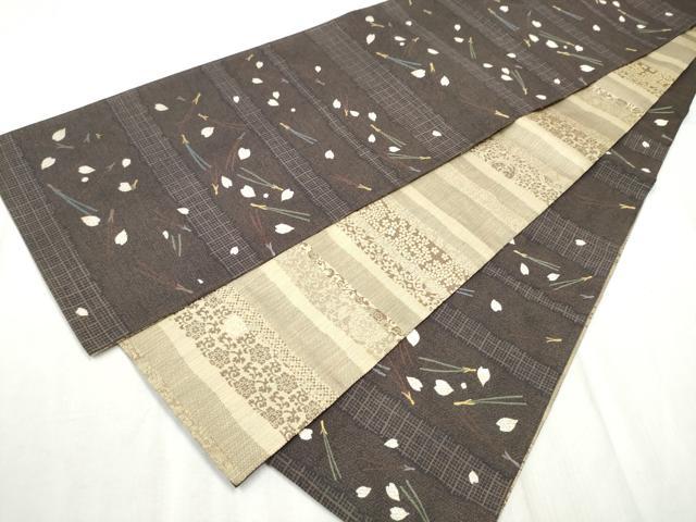ss5283　未使用品　西陣とみや　名古屋帯　風通織　開き仕立て　桐箱入り　花模様　六通柄　赤紫　パープル　薄手　仕立て済み　帯　着物　和装　婦人用　女性用　シック　礼装　訪問着 絹100% 西陣織 名古屋帯] 正絹 れん 別誂え 名古屋帯 幾何学模様 段